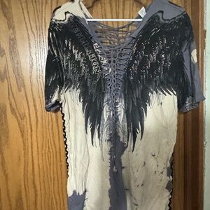 Affliction Women's Black and Gray Winged Top